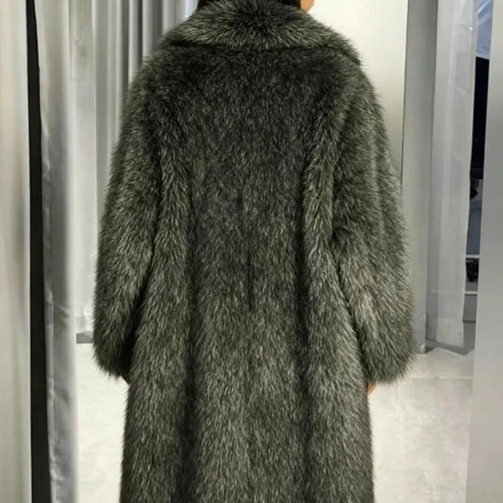 Green Casual Women's Dyed Tip Long Faux Fur Lapel Jacket - Picture 2 of 5